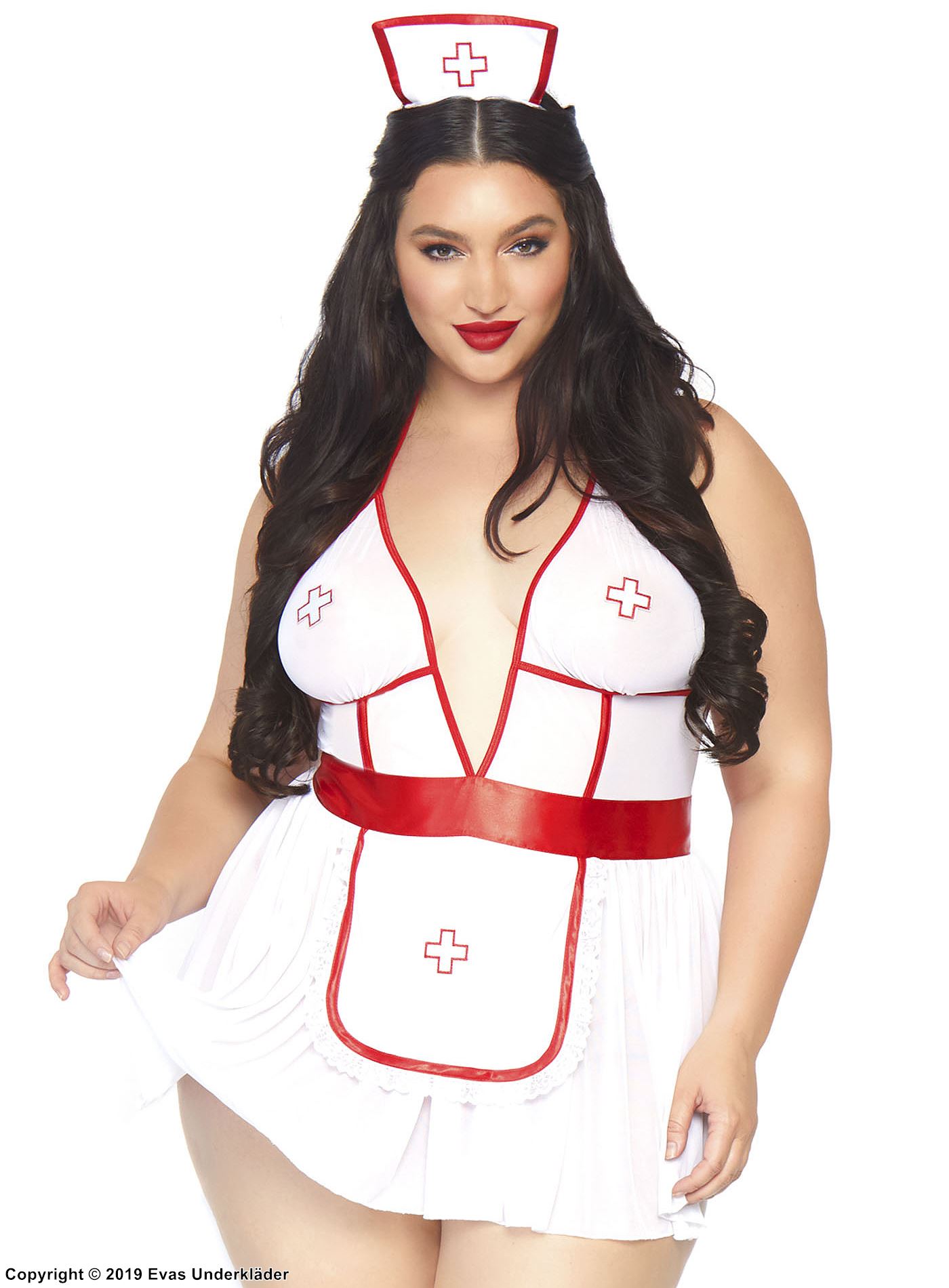 Nurse, babydoll costume, satin bow, open back, deep neckline, plus size